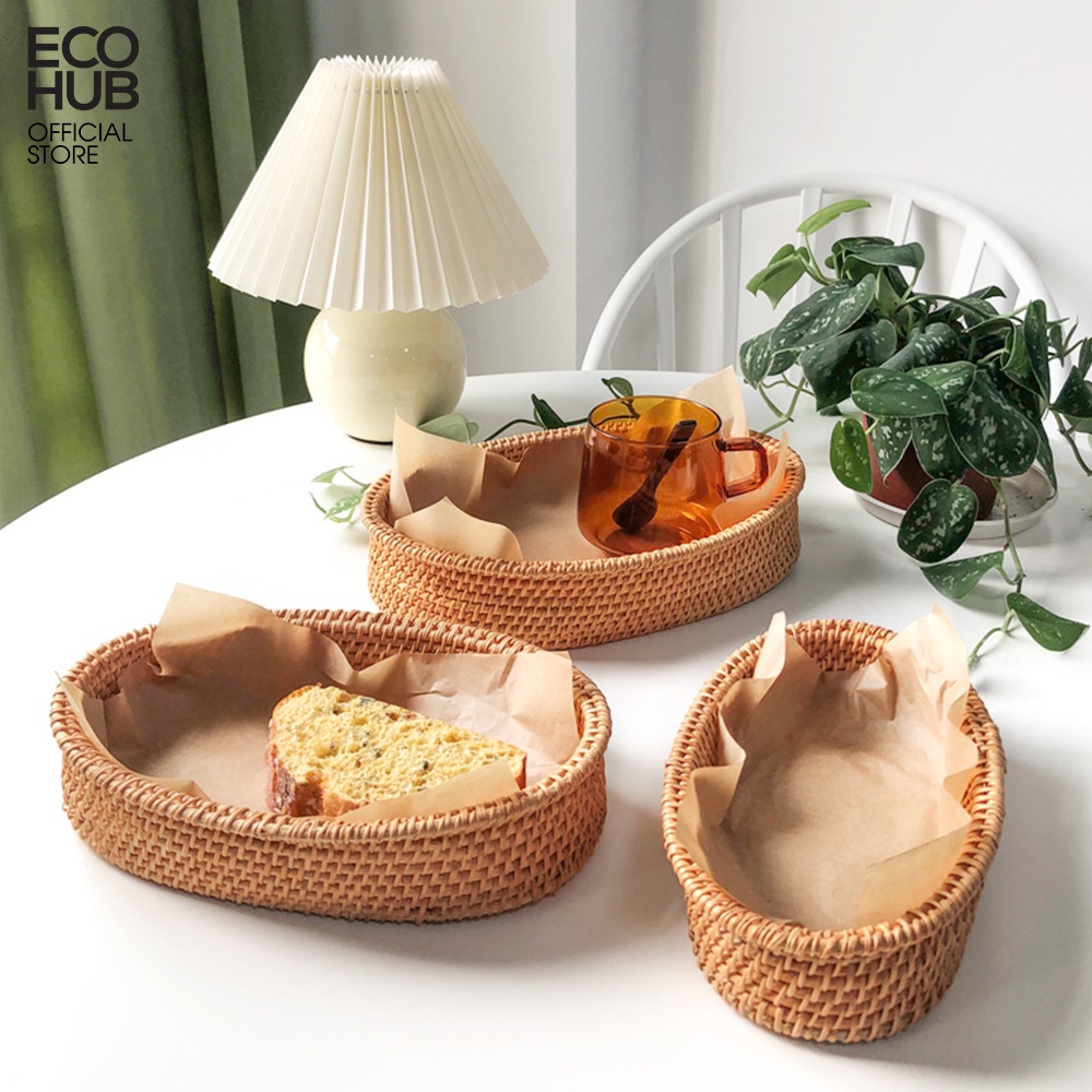 Khay mây đan thủ công hình bầu dục đựng hoa quả, đồ ăn, decor, không bị mốc tiện dụng sang trọng.