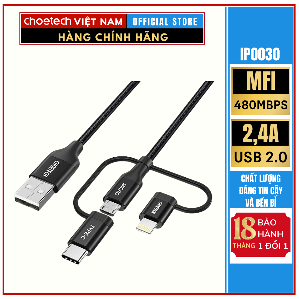 Cáp sạc nhanh đa năng 3 Trong 1 CHOETECH IP0030 với 3 đầu nối Cho Các Thiết Bị IOS - HÀNG CHÍNH HÃNG