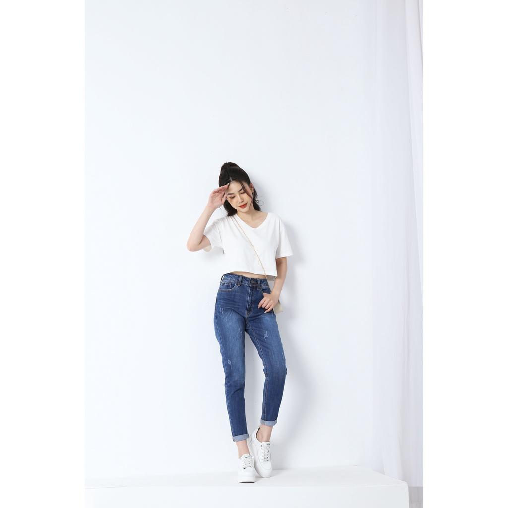 Quần jean nữ boyfriend baggy xước 9 tấc co giãn CT JEANS