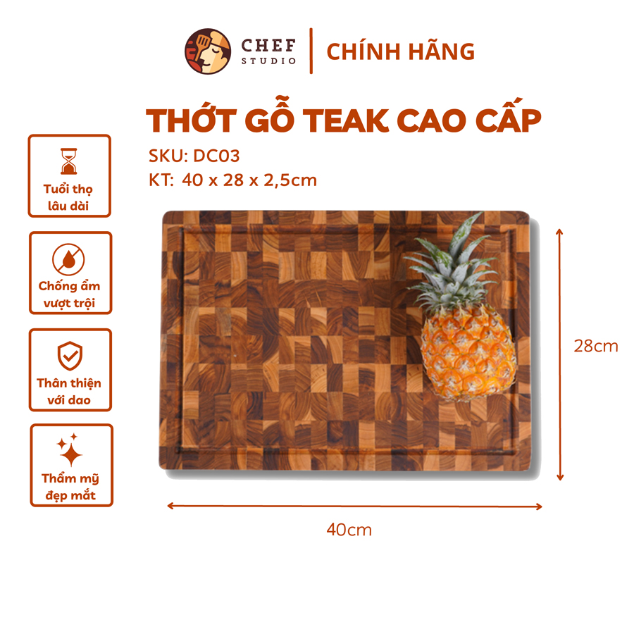 [Chính hãng] Thớt gỗ Teak Chef Studio hình chữ nhật 40x28x2,5 cm - MSP DC03 Dùng cắt, thái, bằm, chặt, bày thực phẩm.