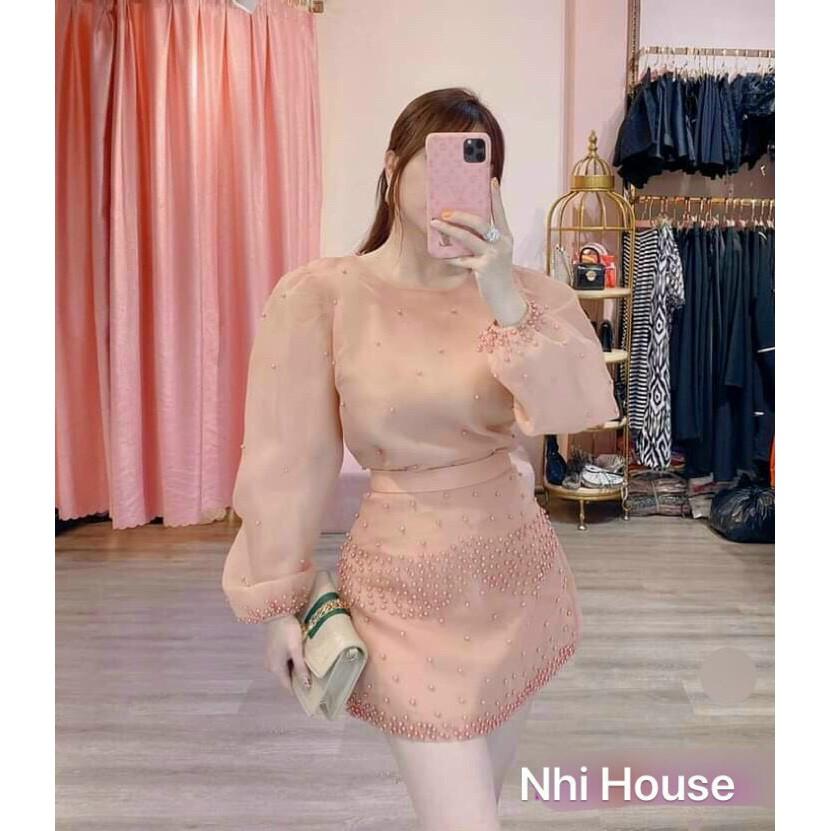 Set Đồ Nữ Sang Chảnh NHIHOUSE71 Vải ORGANZA Áo Tay Phồng Váy A Đính Ngọc Trai Freesize Dưới 55kg