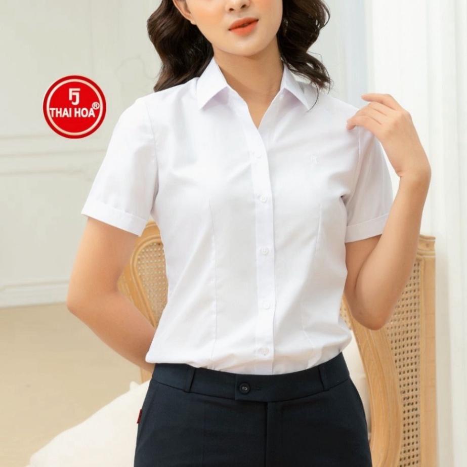 Áo sơ mi nữ Thái Hòa ngắn tay vải cotton trắng đen vàng xanh N047-01-01