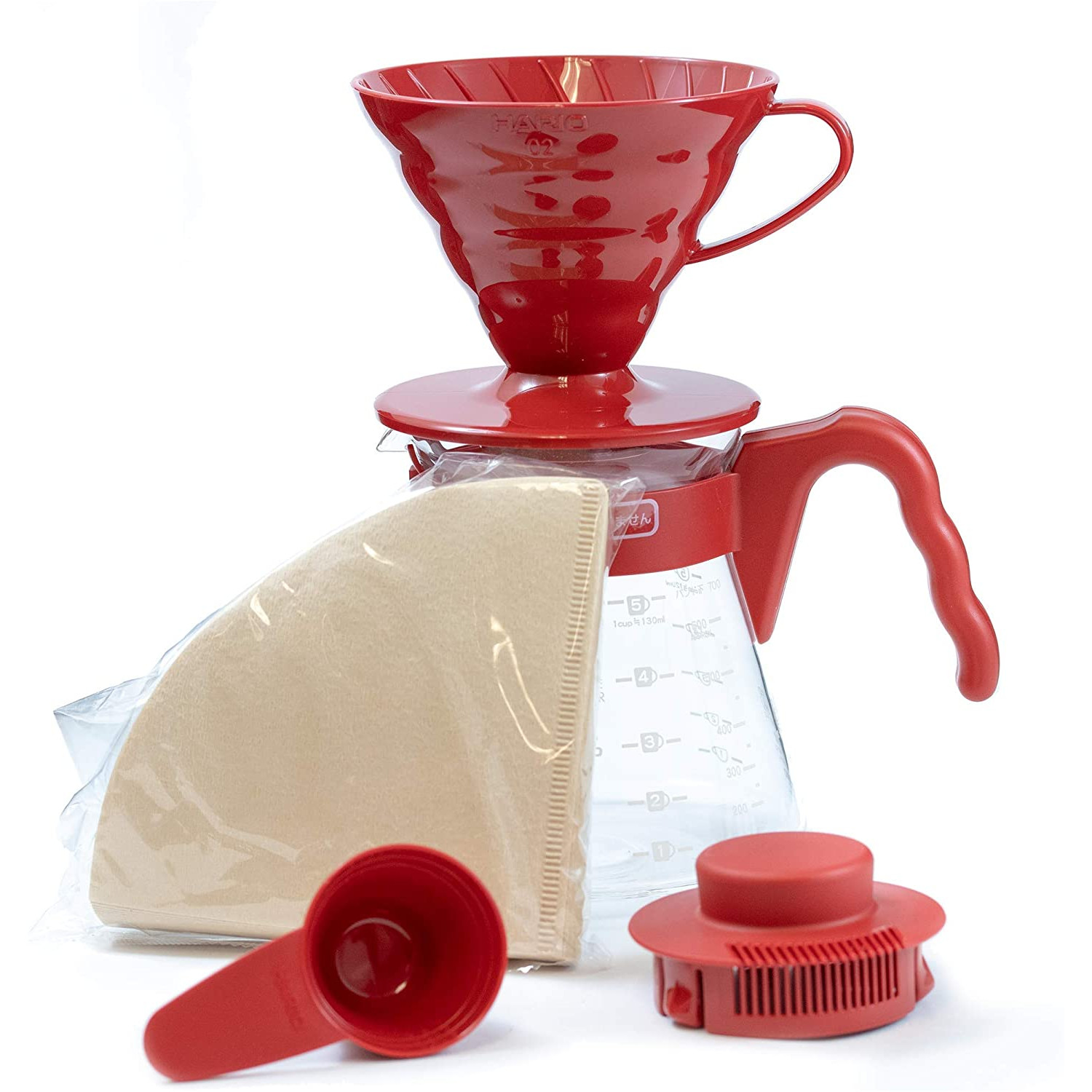 BỘ PHA CÀ PHÊ Hairo V60 màu đỏ  SET VCSD-02 RED 1-4 CUPS