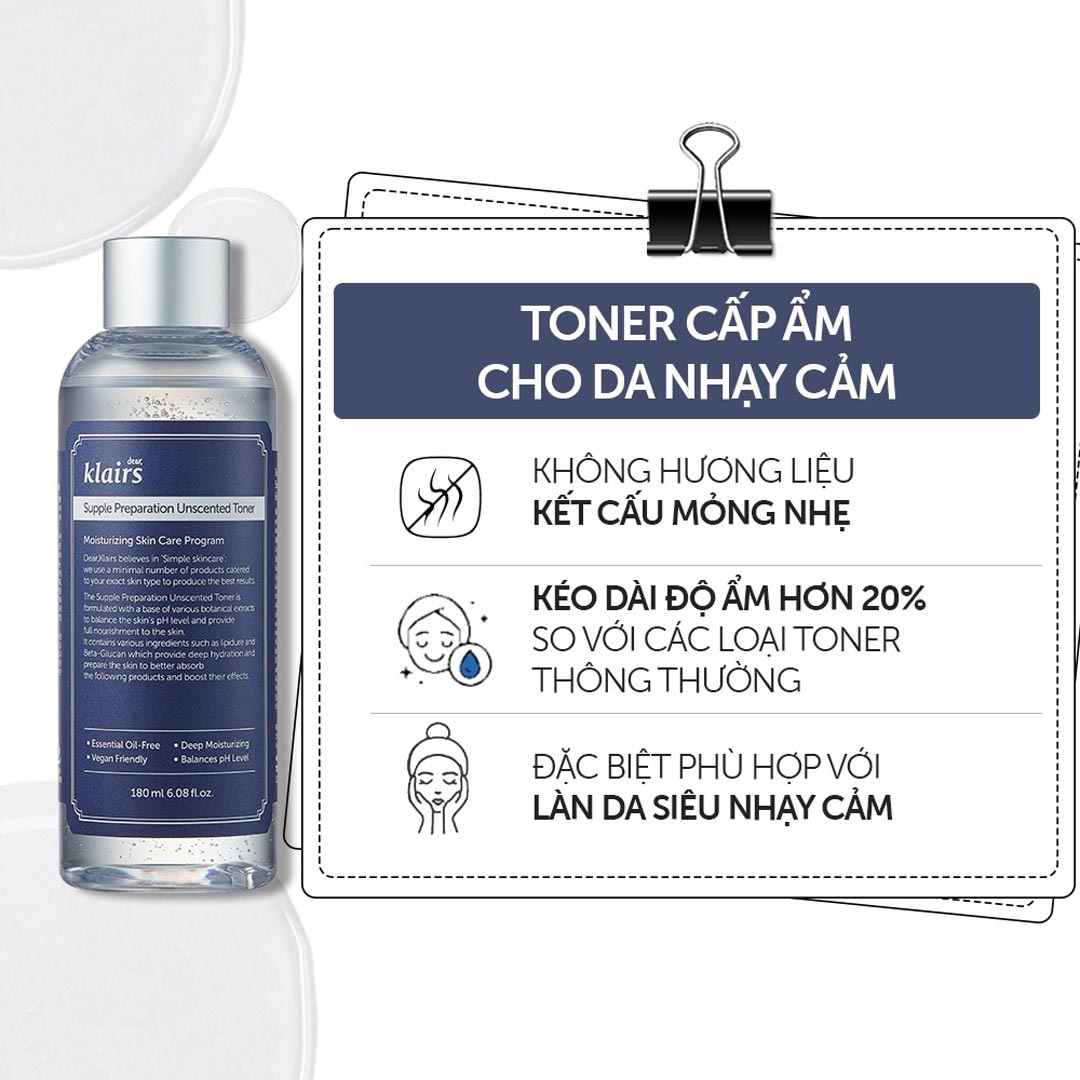 Nước hoa hồng chống viêm không mùi Klairs Supple Preparation Unscented Toner 180ml