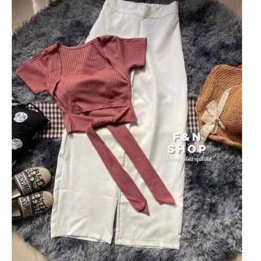 Set bộ phối áo cột nơ quần ống rộng dễ thương cho nàng dạo phố đi chơi