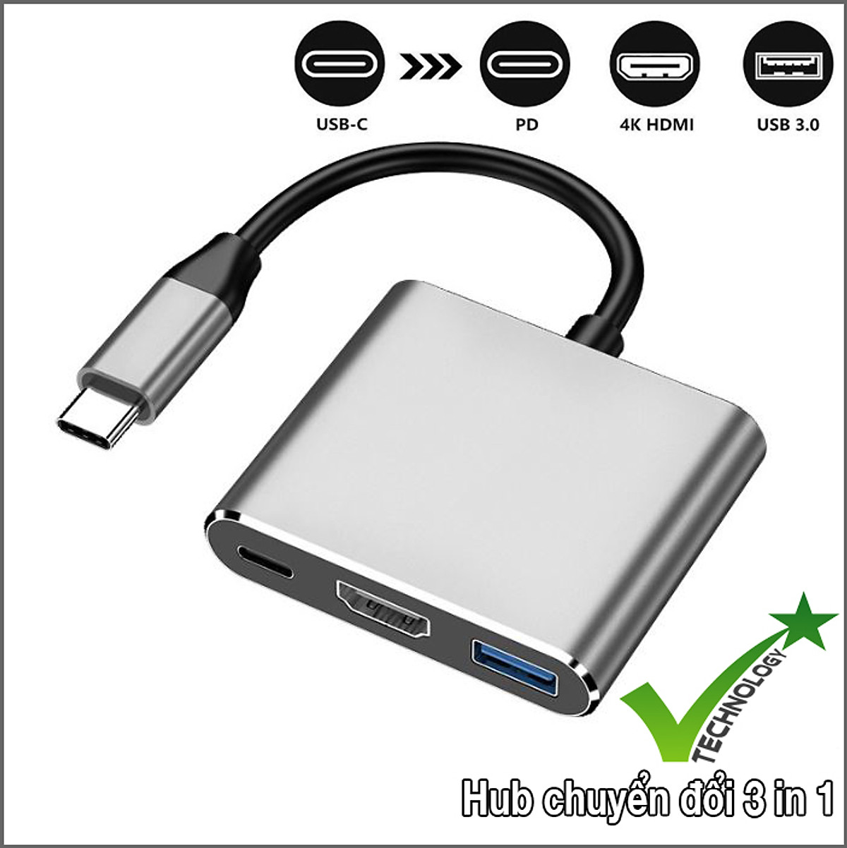 Hub chuyển đổi USB Type C 3in1 sang HDMI, USB 3.0, cổng sạc nhanh PD Type-C dành cho Laptop, Macbook, Điện thoại, Samsung Dex