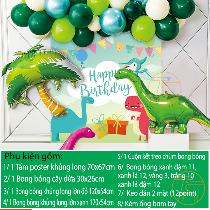 Bộ trang trí sinh nhật happy birthday khủng long - Sét bong bóng trang trí tiệc thôi nôi, đầy tháng cho trẻ