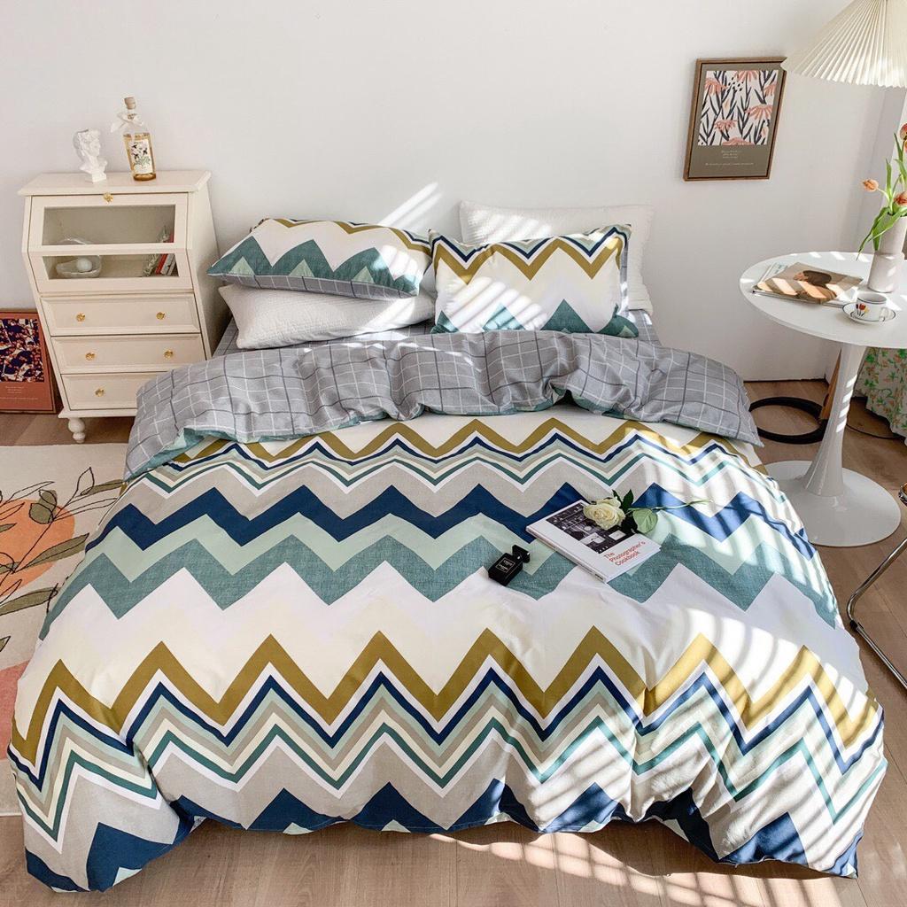 Bộ Chăn Ga Gối Cotton Living Ziczac Xanh Dương