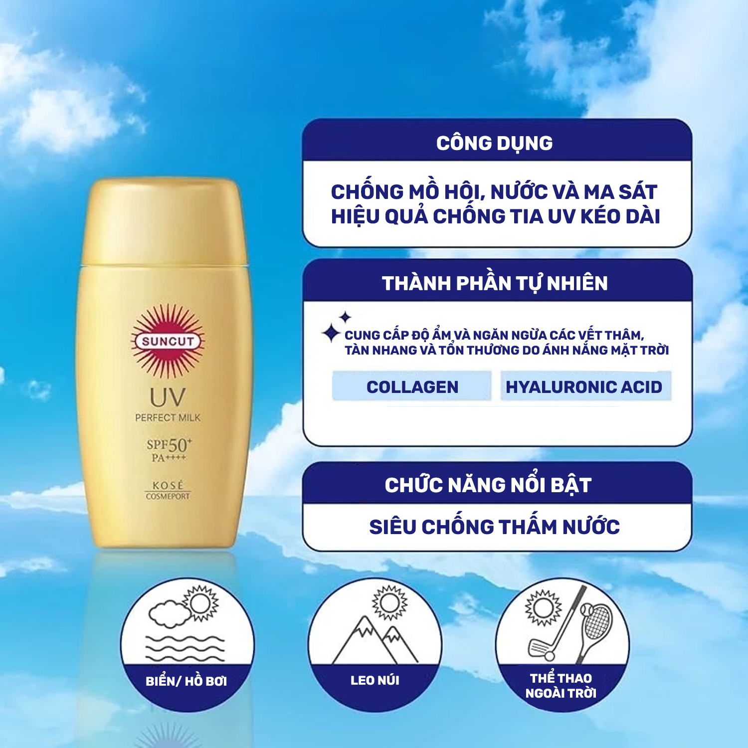 Essence Chống Nắng SPF50+ PA++++ Kose Suncut UV Perfect Essence Super Water Proof SPF50+ PA++++ (04 Loại)