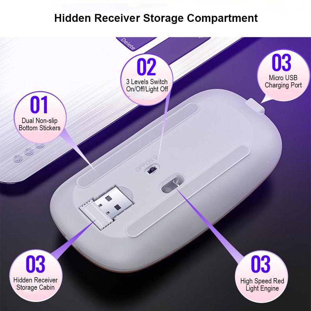 LED Backlit Silent 2.4GHz Wireless Mouse Rechargeable Optical Mice  2Pcs