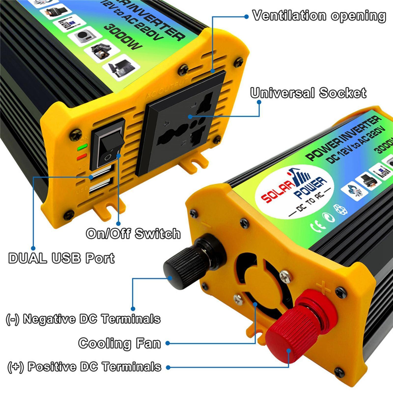 300W DC 12V to  Inverter with 2 USB Charging Ports for Camping Outdoor