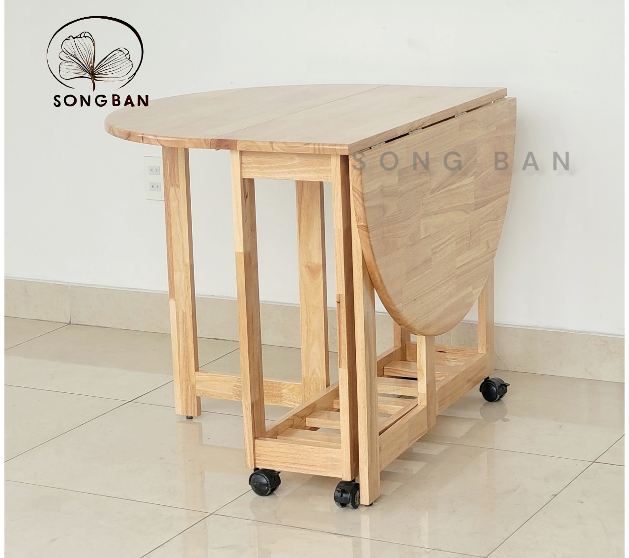 Bộ Bàn Ăn Gỗ Cao Su Xếp Chữ Nhật, Ovan 90x1m2 và 04 Ghế Gỗ Xếp Dày Dặn - Gỗ Song Bản