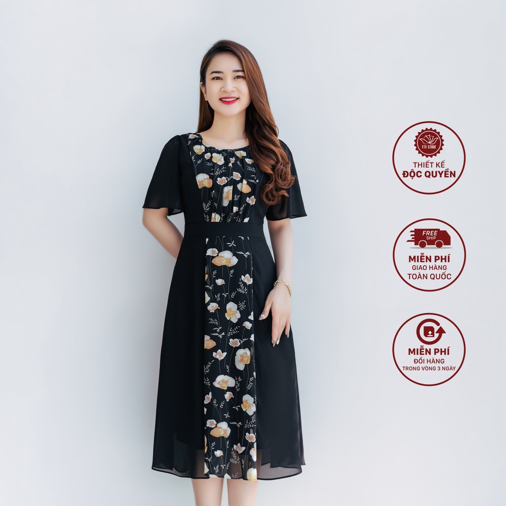 Đầm xoè thời trang trung niên TTV Store Cổ tròn xếp li tay loe thiết kế Đen hoa kem TTV1194