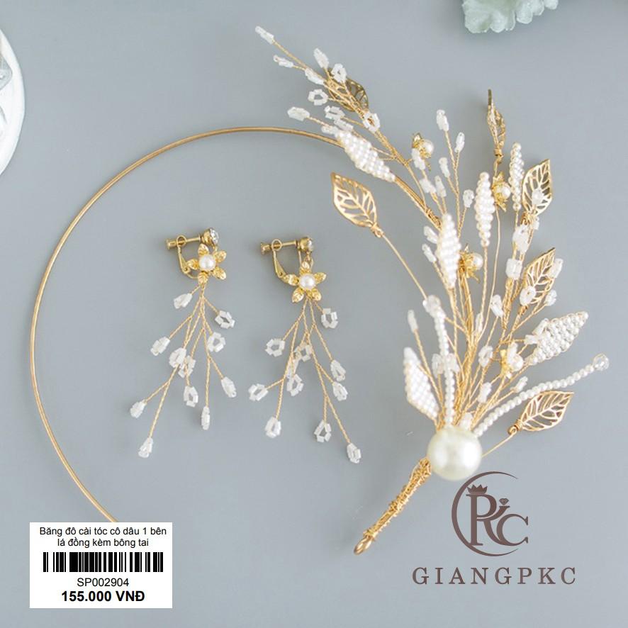 Băng đô cài tóc cô dâu một bên lá đồng kèm bông tai Giangpkc Sp002904