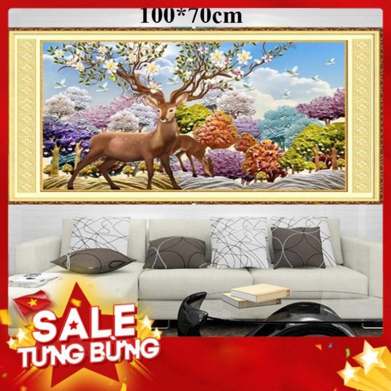 Tranh thêu chữ thập hươu tài lộc 100x70CM