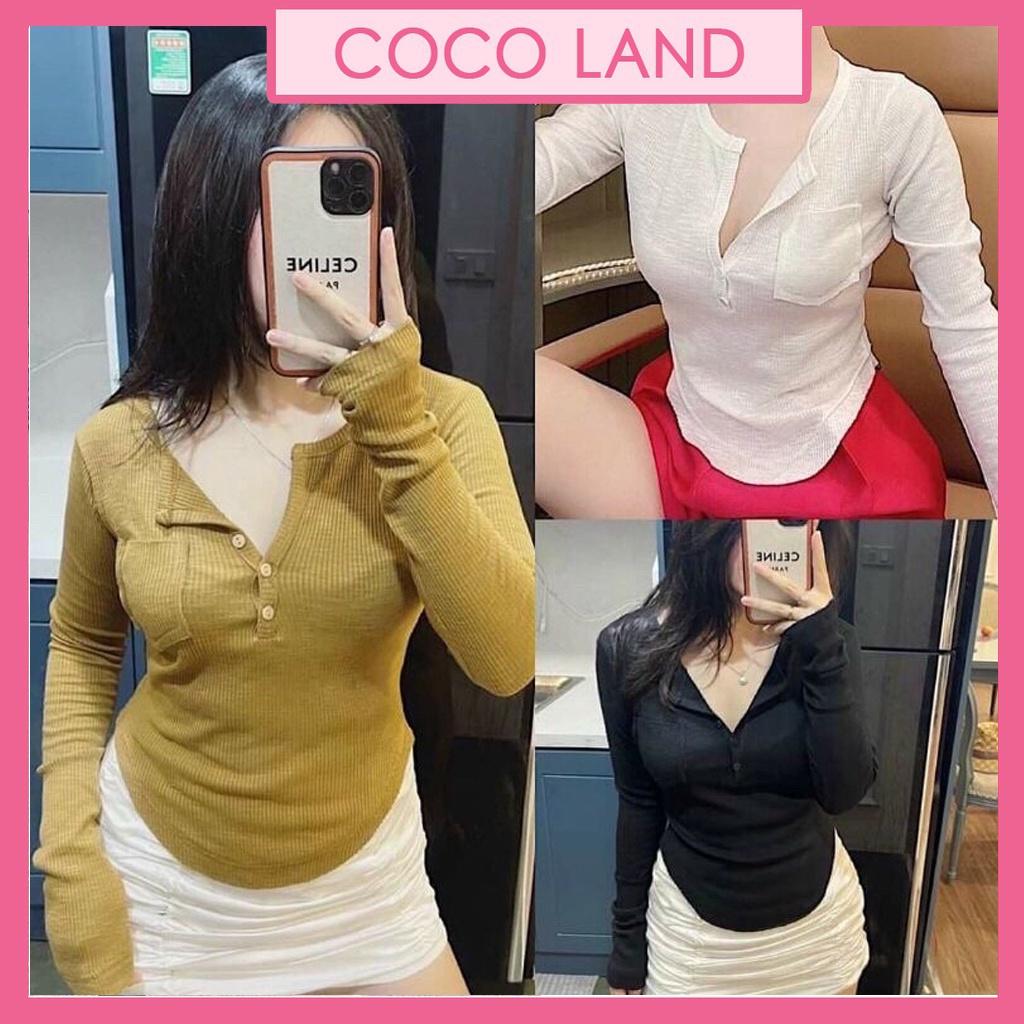 Áo thun nữ tay dài bo eo túi ngực coco land ,áo len tăm cúc túi ngực chất thoáng mát, hút mồ hôi, chất mềm, body