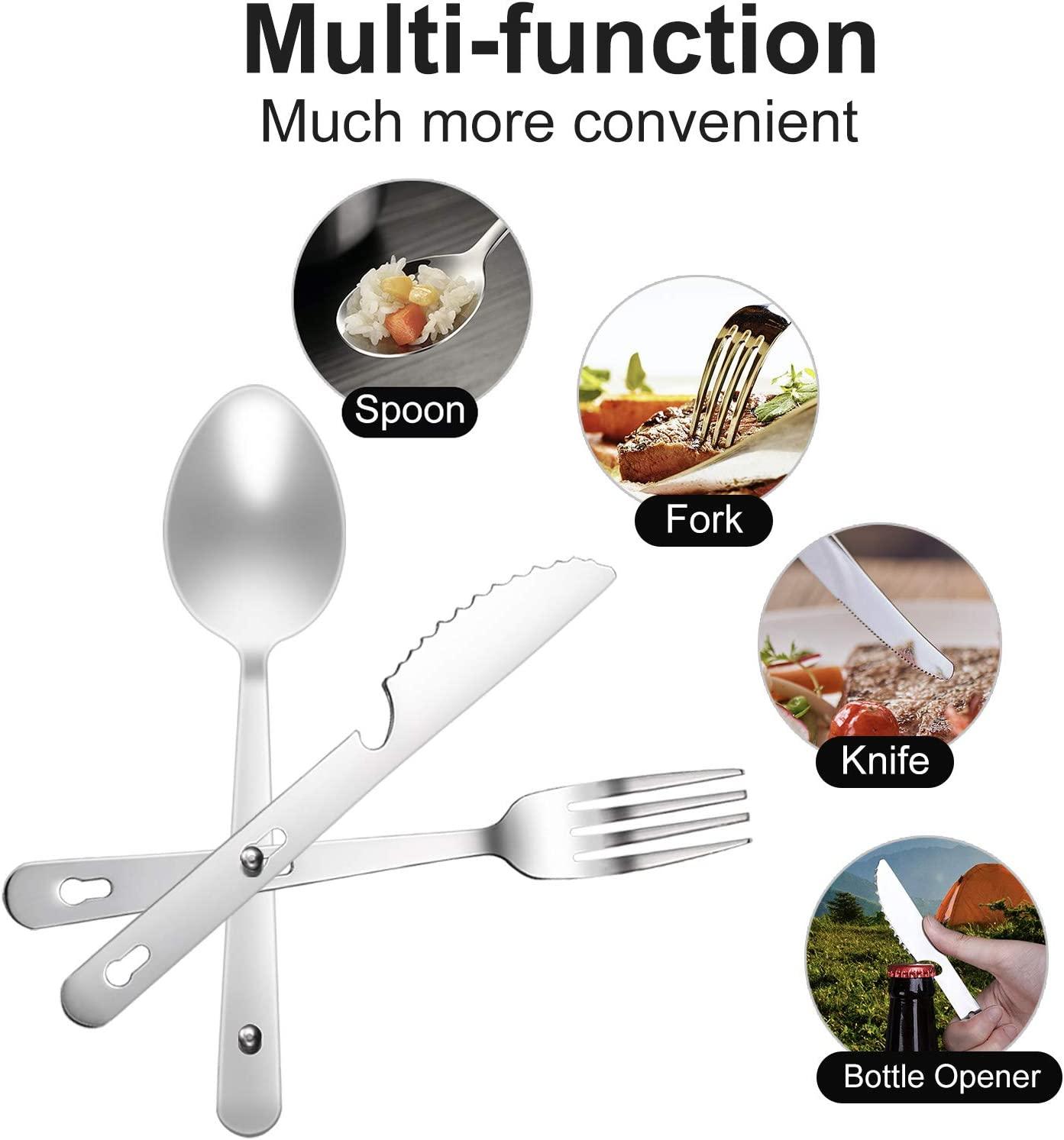 Các dụng cụ cắm trại 3 trong 1 Pack 3-gói, muỗng thép không gỉ di động, nĩa, bộ kết hợp mở dao/chai