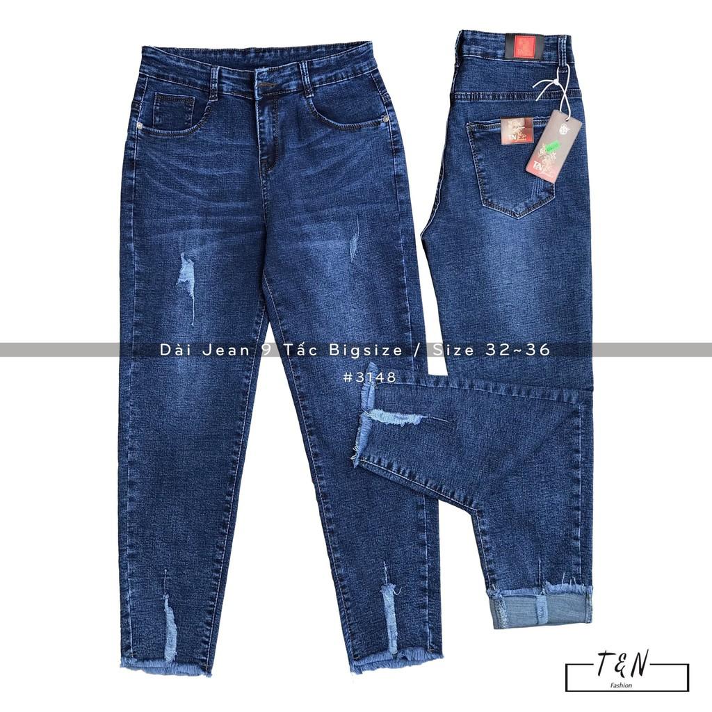 Quần jean nữ BIGSIZE skinny 9 tấc lưng cao co dãn mạnh màu xanh đậm rách nhẹ 2552