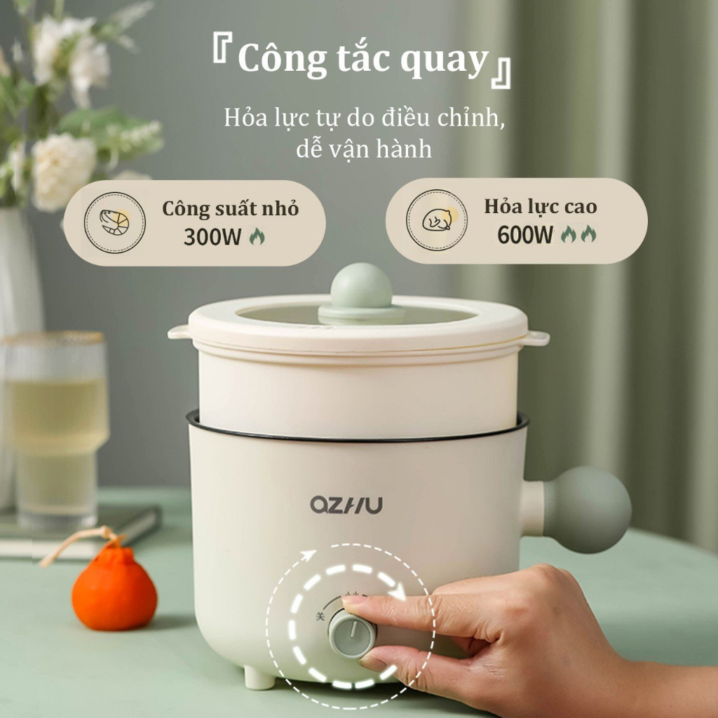 Nồi Lẩu Điện Đa Năng 2 NẤC NHIỆT Kèm Giá Hấp Có Tay Cầm Tiện Dụng, Dung Tích 1,8L,  Nồi Lẩu Hấp Mini 2 Tầng Cao Cấp