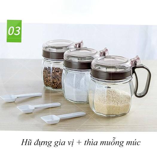 ComBo 5 Hũ Đựng Gia Vị Thủy Tinh. Set Bộ 5 Hũ Gồm 2 Bình Rót Và 3 Hũ Đựng Chất Lỏng. Hũ gia vị có muỗng