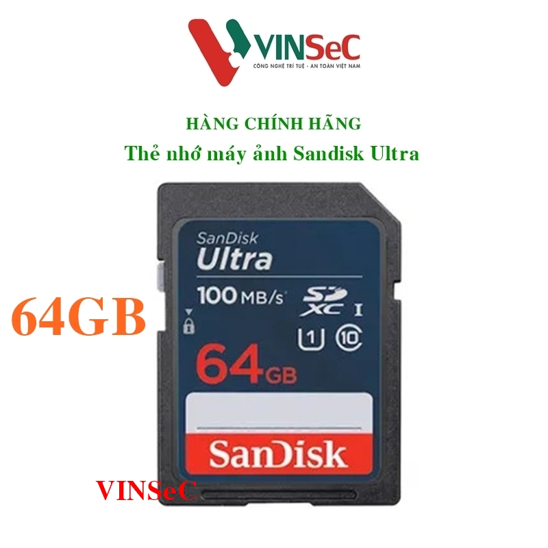 Thẻ nhớ SDXC Sandisk Ultra 64GB upto 100MB/s UHS-I (cho máy ảnh) - Hàng chính hãng