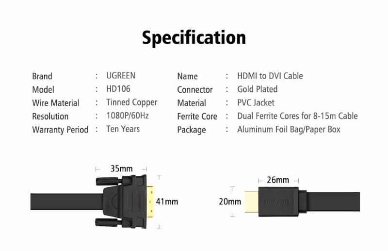 Ugreen UG30105HD106TK 1.5M màu Đen Cáp chuyển đổi HDMI sang DVI 24 + 1 thuần đồng cáp dẹt - HÀNG CHÍNH HÃNG