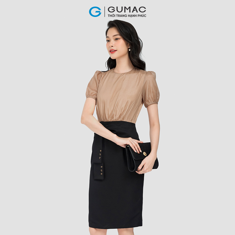 Đầm bút chì phối voan GUMAC DC08056 vải mềm mịn màu nâu