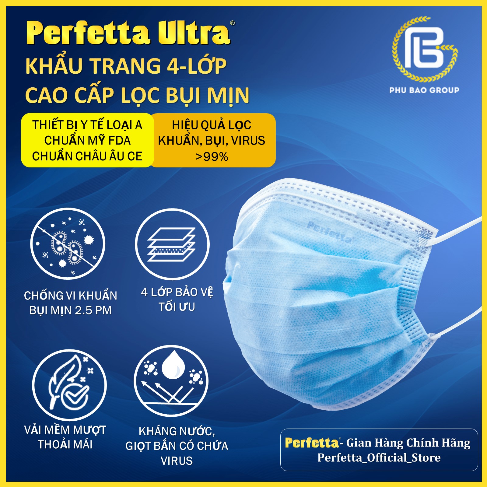 [Combo 5 HỘP - PERFETTA ULTRA] - Khẩu Trang Y Tế Chất Lượng Cao, Kháng Khuẩn, Chống Bụi Mịn PM 2.5, Màu Xanh, 4 Lớp, Bảo Vệ Tối Ưu, Đóng Gói Từng Cái - (35 cái/hộp)