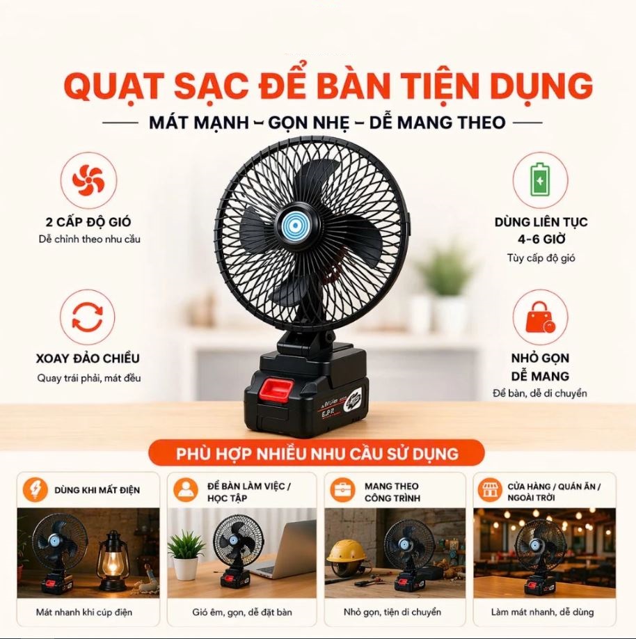 Quạt Tích điện Dùng Pin Rời 10 Cell 48V Metal (có Xoay)