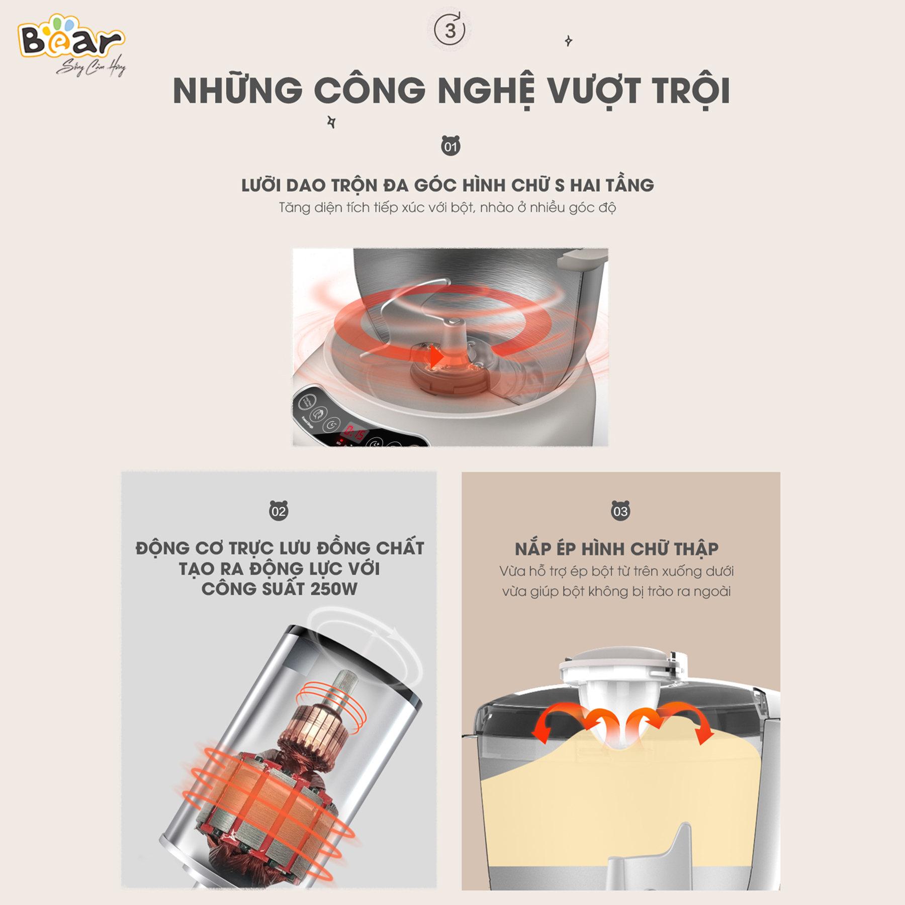 Máy Nhào Bột Bear 7L Đa Năng Ủ Bột, Trộn Bột, Nhồi Bột Nhanh Công Suất Lớn Bảo Hành Chính Hãng 18 Tháng - DM-B70V1 - Hàng Chính Hãng