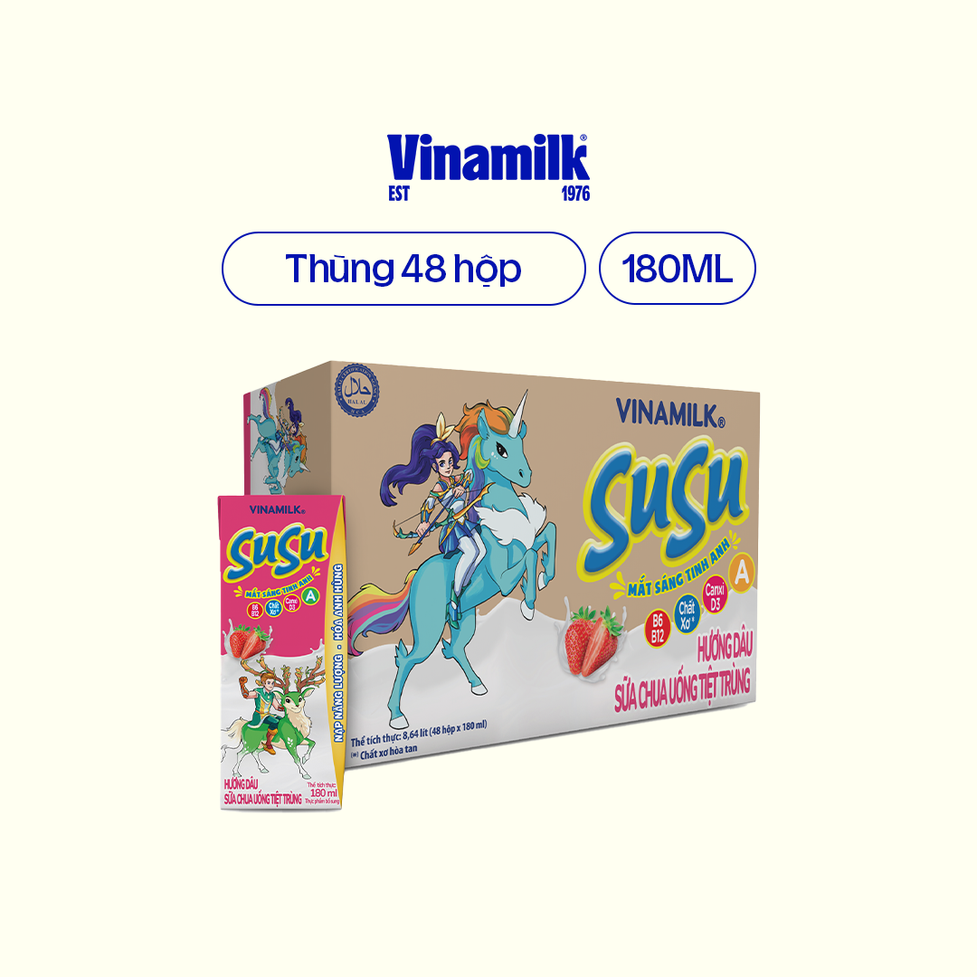 Thùng 48 hộp Sữa Chua Uống Tiệt Trùng Vinamilk SuSu hương Dâu - hộp 180ml