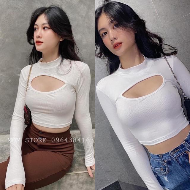 Áo croptop thun gân tay dài hh.vintage [ẢNH THẬT 100