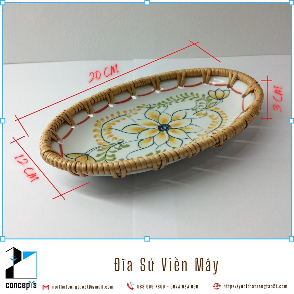 Đĩa Sứ Viền Mây Tre Đan Trang Trí Decor Bàn Ăn Hàng Xuất Khẩu