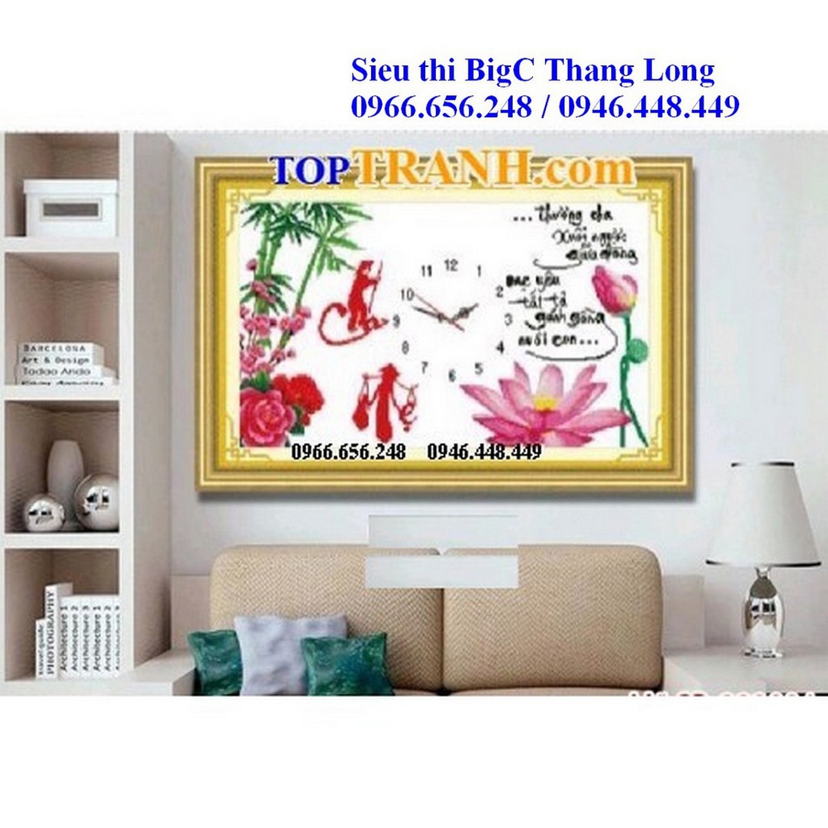 Tranh thêu chữ thập đồng hồ cha mẹ hoa sen 222884 chưa thêu