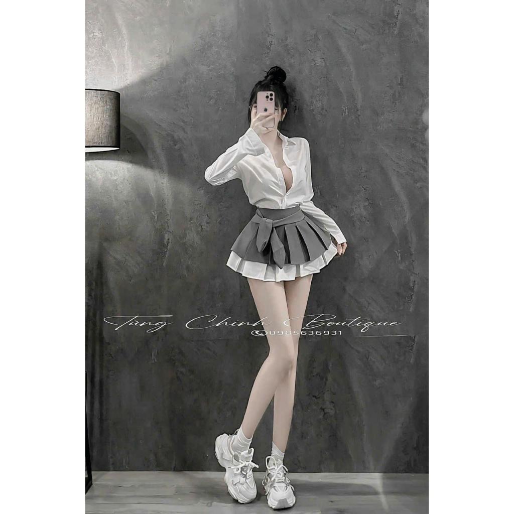 Sét sơ mi dài tay mix chân váy ly phối tặng cà vạt  LD781 BY JOLIE - kẻ xám, kẻ xám