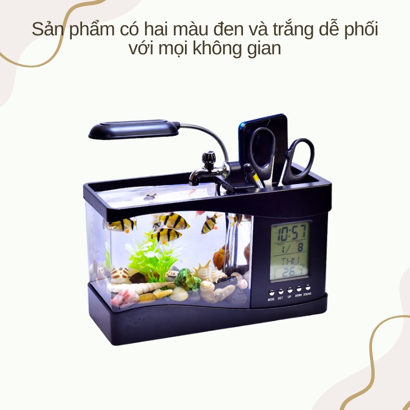 Bể Cá Mini Để Bàn Làm Việc 3 in 1 Kiêm Đồng Hồ  Siêu Dễ Thương Hàng Loại 1 - Chính Hãng MINIIN + Tặng sỏi trang trí bể cá,sỏi biển đủ kích thước - Màu Ngẫu Nhiên