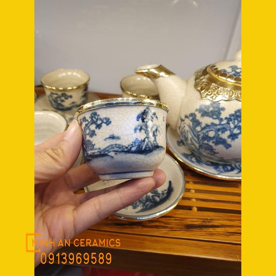 Bộ Ấm Chén chóp lửa số vẽ hoa văn cây Tùng men rạn bọc đồng giả cổ gốm Minh An Bát Tràng