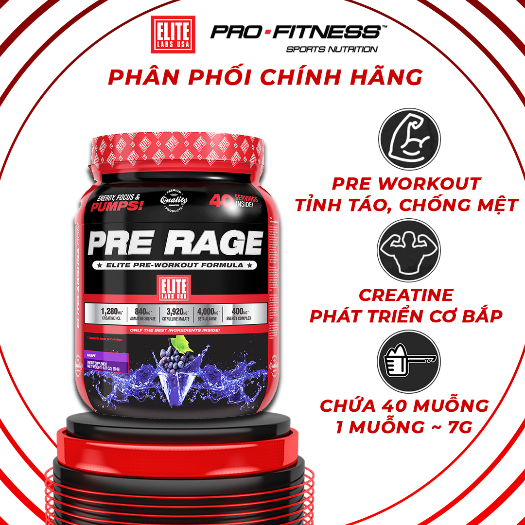 Thức uống Workout Pre Rage Elite Labs USA - Tăng sức mạnh bền bỉ cung cấp năng lượng luyện tập hiệu quả (40 serving) - Vị Nho