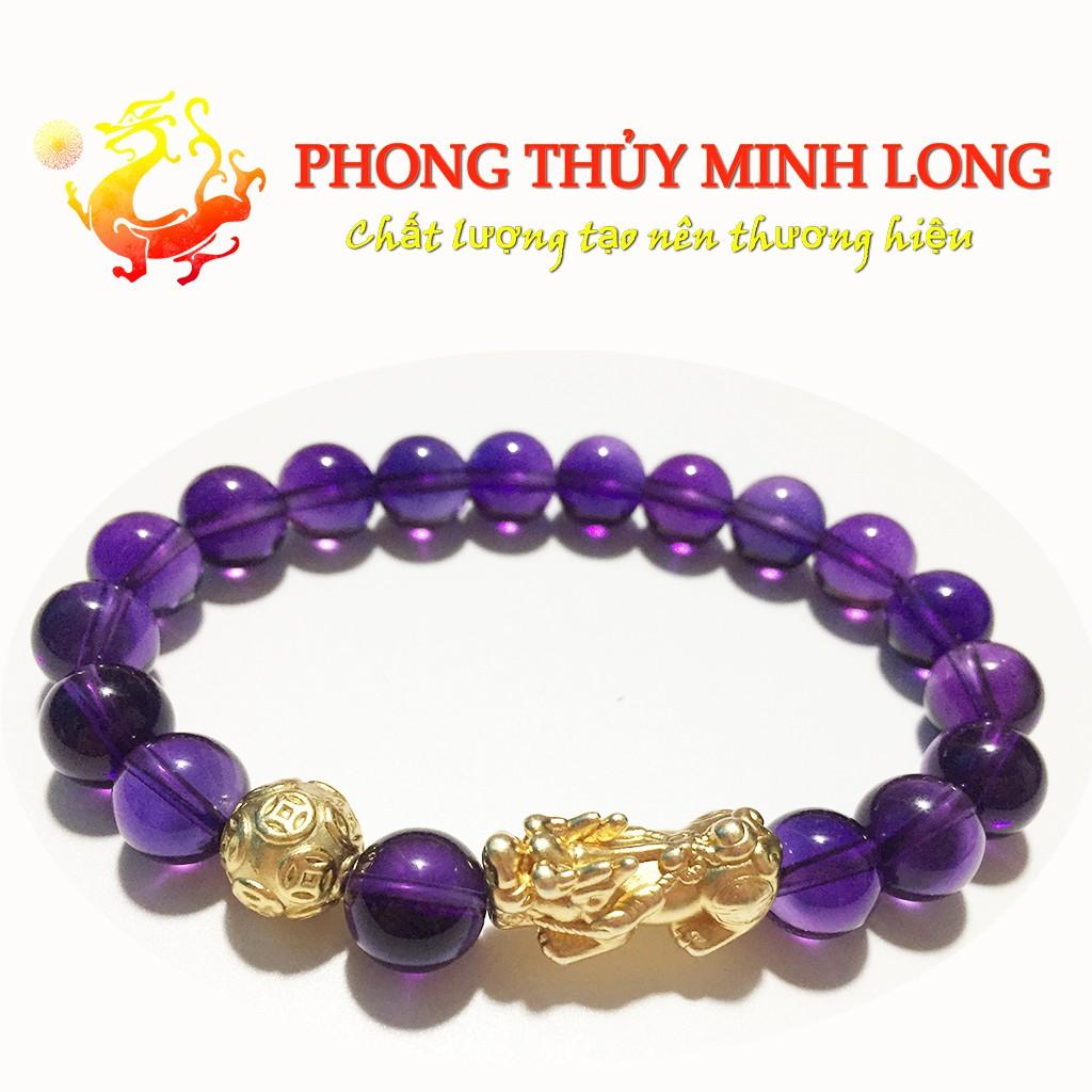 Vòng tay đá. thach anh Tím chất lượng 5A mix Tỳ Hưu và 1 Hạt Kim Tiền Vàng hợp mệnh Hỏa và Thổ