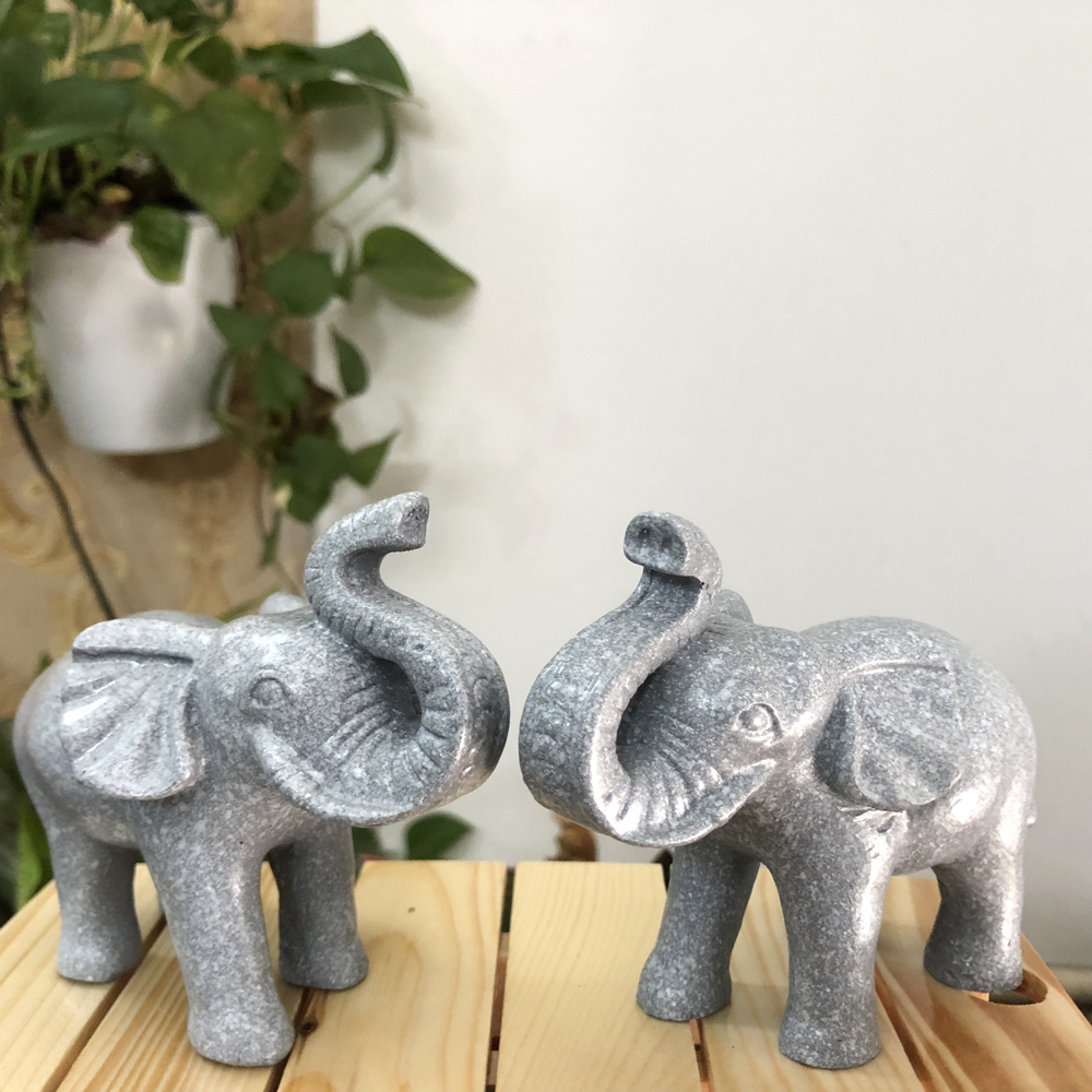 Cặp 2 tượng con voi đá trang trí phong thủy bàn làm việc mang may mắn cát tường cho gia chủ- Cao 9cm- Màu xám