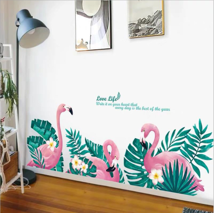 Decal dán tường 3D phong cách Hàn Quốc Hạc hồng và lá xanh, decan cao cấp có keo sẵn