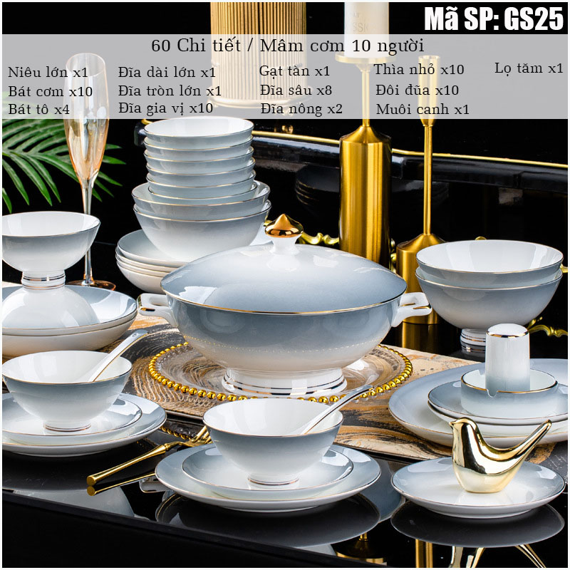Bộ bát ăn cơm SỨ XƯƠNG Giang Tây cao cấp 60 chi tiết - Bộ chén ăn cơm sang trọng, tinh tế - Bát đĩa mỏng nhẹ nhưng cứng trong và cách nhiệt tốt. Mã GS25