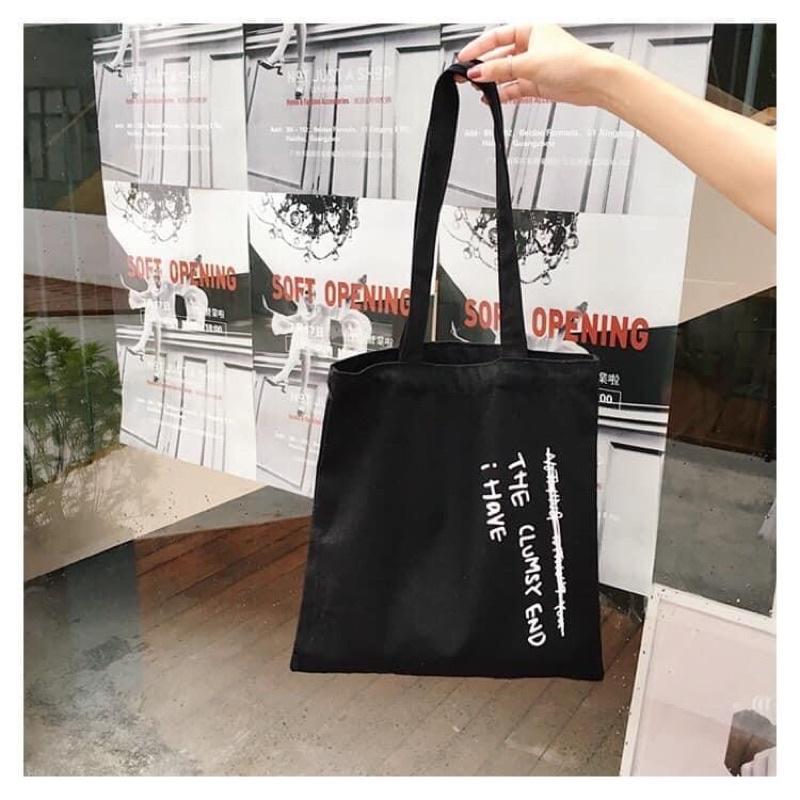 Túi Tote Túi vải Canvas đeo vai IHave Black phong cách Hàn Quốc cá tính có dây kéo và ngăn phụ