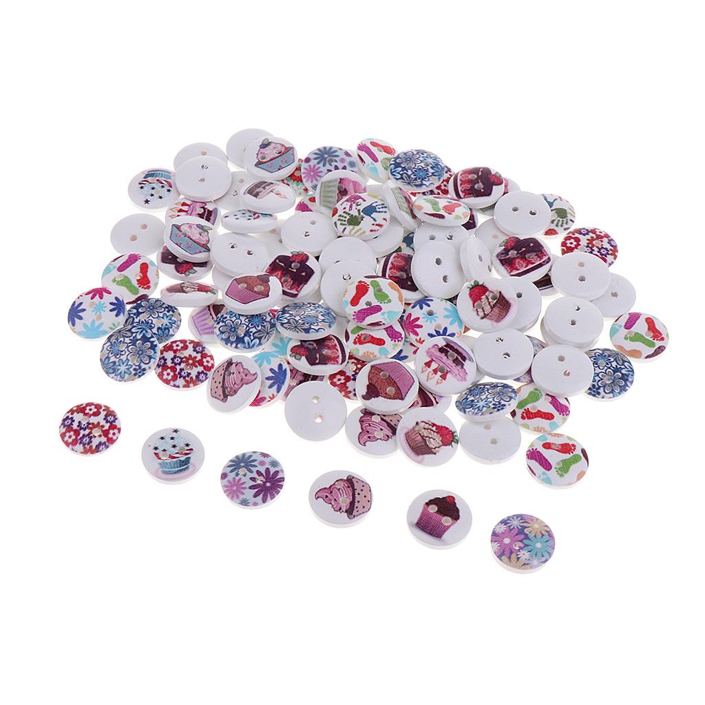 100pcs Flower Printed Wooden Buttons 2 Holes 15mm DIY Clothing Scrapbook Crafts