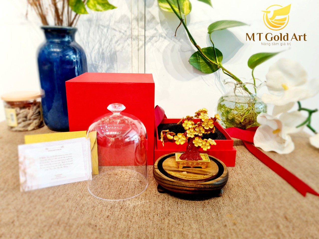 chậu hoa mai ngũ phúc dát vàng (11x11x15cm) MT Gold Art- Hàng chính hãng, trang trí nhà cửa, phòng làm việc, quà tặng sếp, đối tác, khách hàng, tân gia, khai trương