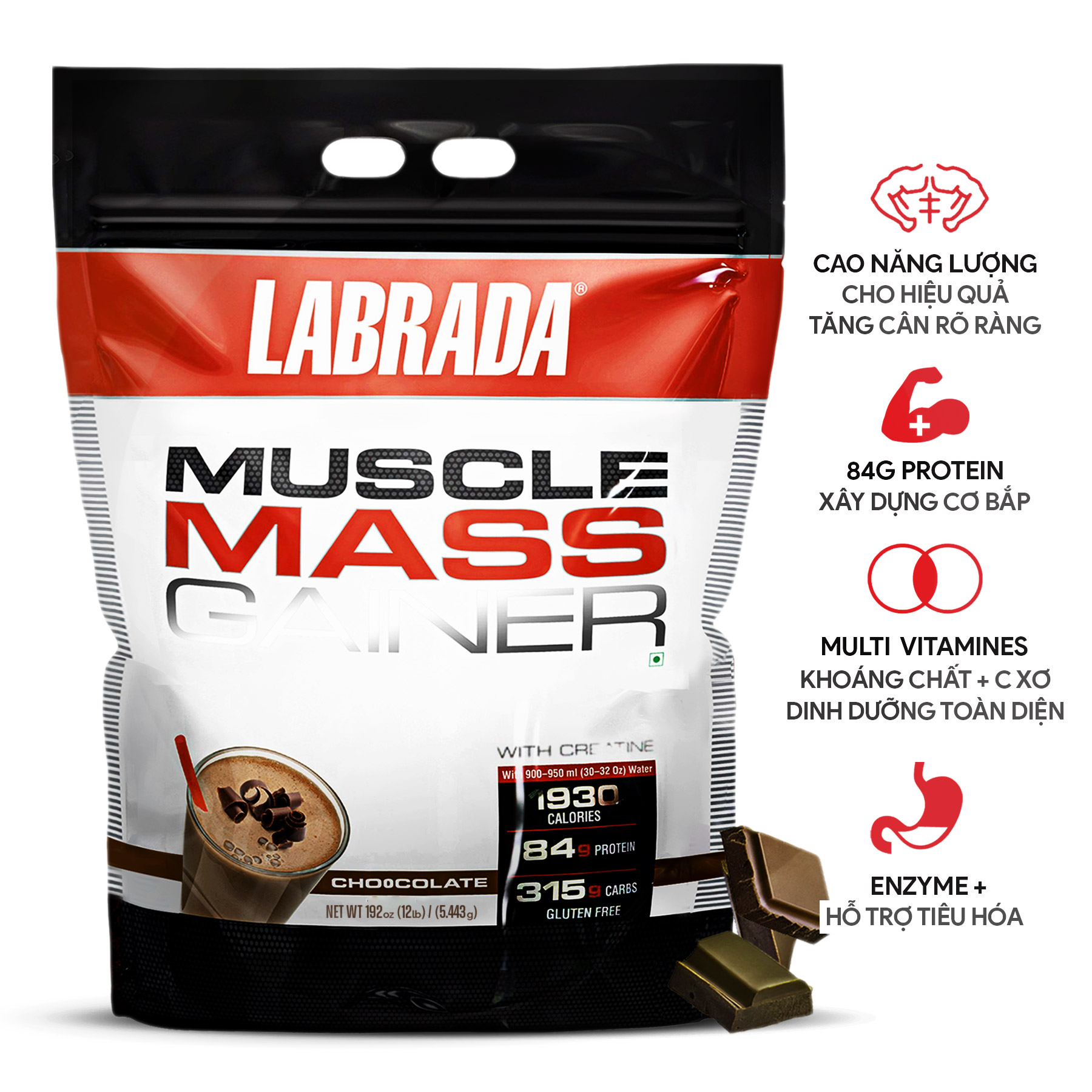 Sữa Tăng cân &amp; Tăng cơ - Muscle Mass Gainer từ Labrada - Cung cấp Calories, Protein, BCAAs &amp; 20 Loại Vitamin Khoáng chất - Hỗ trợ tăng cân tăng cơ nhanh cho người gầy kén ăn, khó hấp thụ thức ăn tự nhiên