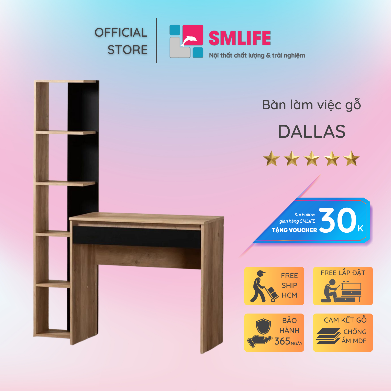 Bàn Học Sinh Nhỏ Gọn Kèm Kệ Sách SMLIFE Dallas