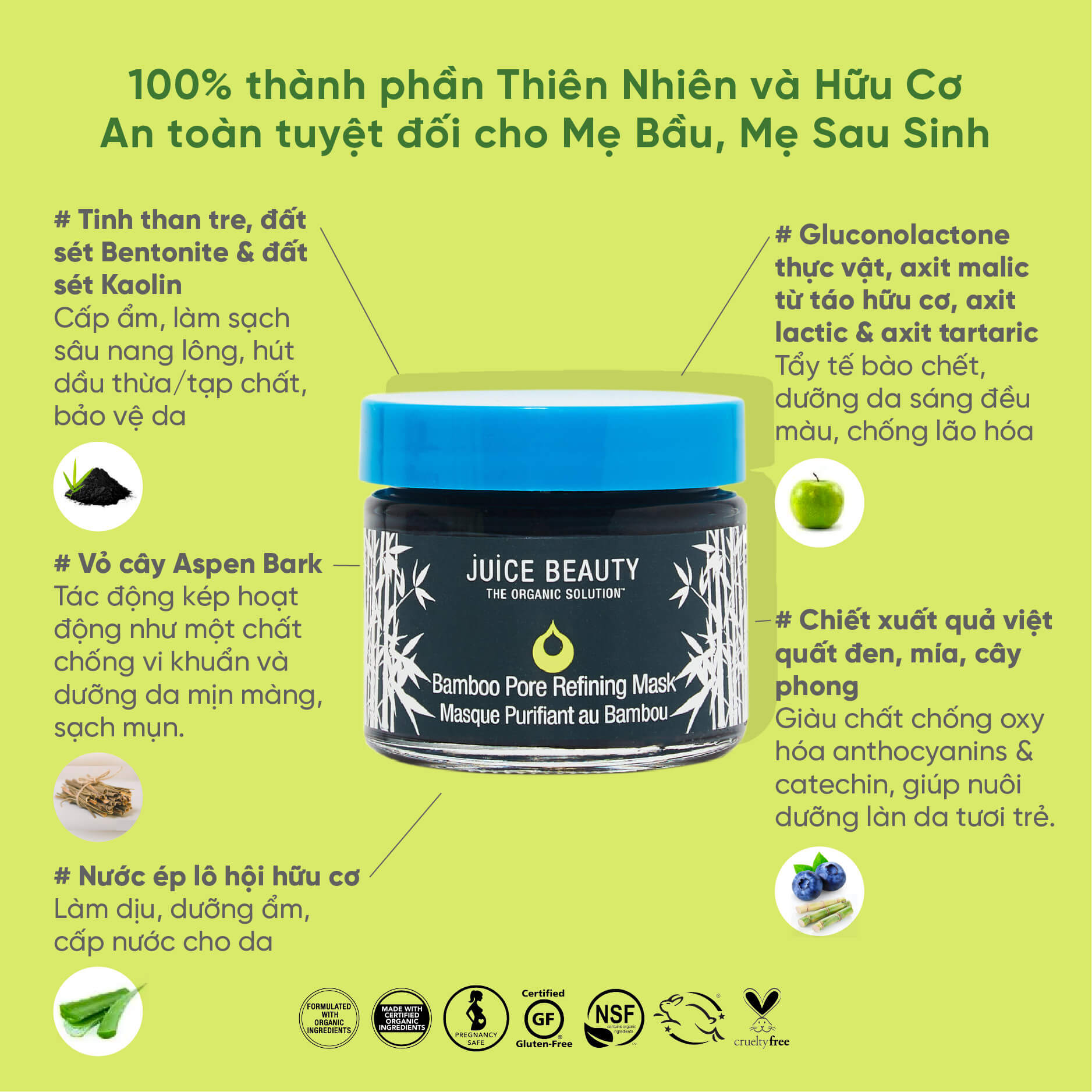 Mặt Nạ Tinh Than Tre Thu Nhỏ Lỗ Chân Lông Cho Da Nhờn/Mụn Juice Beauty Bamboo Pore Refining Mask 60ml