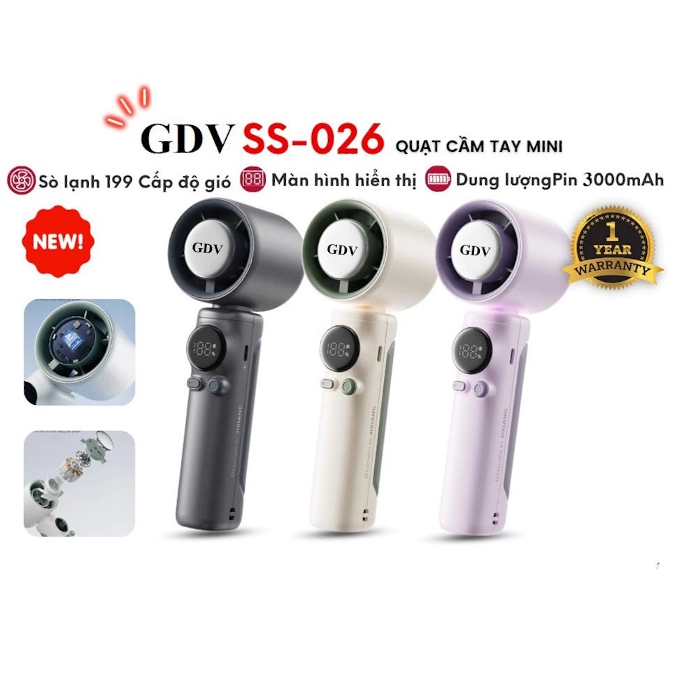 Quạt Cầm Tay Mini GDV SS-026 Có 199 Tốc Độ, Màn LED Hiển Thị, Tích Hợp Sò Lạnh - Màu Ngẫu Nhiên - Hàng Chính Hãng