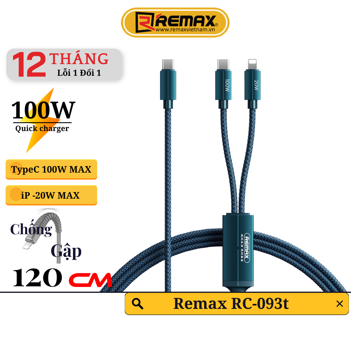 Cáp sạc nhanh 100W 2 trong 1 Chính Hãng Remax RC-093t Sạc Nhanh Được cho cả Laptop và điện thoại  Type C to Type C - Type C to Lighning - Hàng Chính Hãng Remax